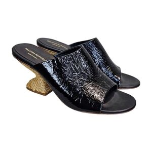 Paloma Barceló Womens Black Calf Leather 80mm Open-Toe Sandals Raffia Heel Sz 39